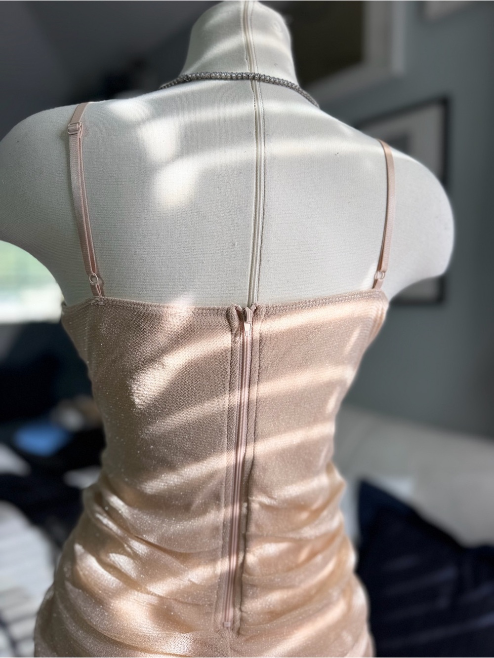 Champagne Shimmer Ruched Slip Dress in Nude - Picture 8 of 9